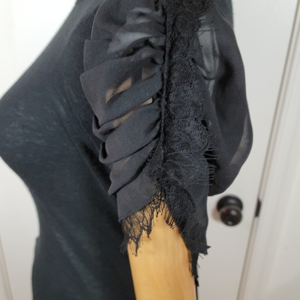 Alice + Olivia Black Sheer Sleeve Tee 100% Silk Detail Size XS - Picture 5 of 10